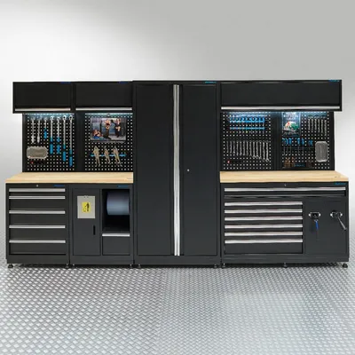 Produktbild von Werkstatteinrichtung PREMIUM mit Arbeitsplatte aus Eichenholz – 362 cm breit