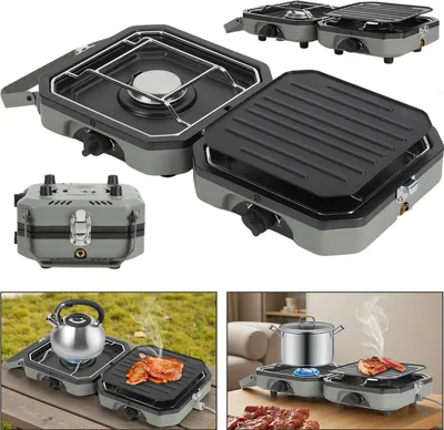 Obrázok produktu pre Aopunly Set Duo Skladací plynový varič 2 Plameň 4,6kw Camping Cooker Camping Kitchen 2 Multi Cook Plynový varič Plynový gril + plynová hadica