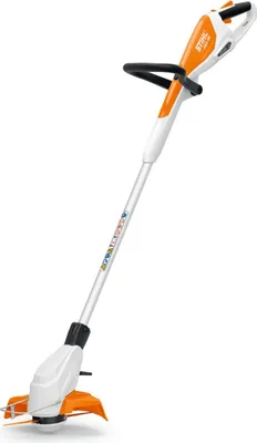 A white background with a cordless grass trimmer.