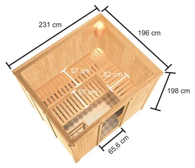 Produktbild von KARIBU Elementsauna Celine 6 Fichte 68 mm Innensauna, Systembauweise für 2 3 Personen, Sandwich Bauweise, bronzierte Ganzglastür, 3 Liegen, Ofenschutzgitter, Montageanleitung