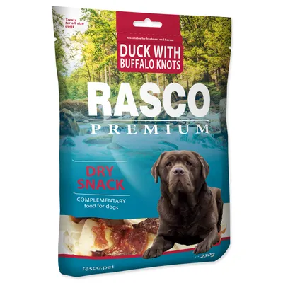 Zdjęcie produktu dla Przysmak Skóra bawola Rasco Premium z kaczką, sęki 5cm 230g