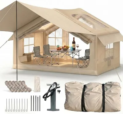 Imagen del producto de Tienda inflable para 3-4 personas, 6,3 m², tipo "glamping" con porche y abertura para chimenea, altura interior de 200 cm, tienda familiar impermeable de 420D Oxford para camping y actividades al aire libre. Incluye bomba