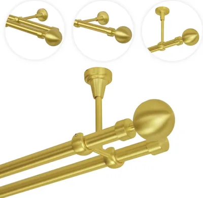 Immagine prodotto di Asta per tende 420 cm Montaggio a soffitto | Asta per tende a 2 binari ? 19 mm | Ottone oro opaco Antico Look vintage Stile retrò | Sfera