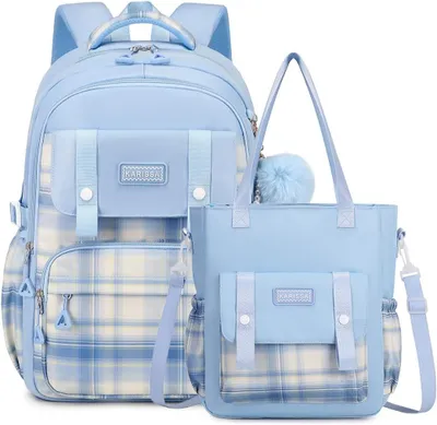 Produktbild von Schulranzen Set blau 26 L, kariertes Muster, mit Umhängetasche, für Schule