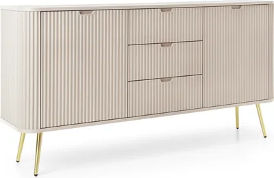 Image de Commode 3 tiroirs Gerly - Buffet 170 cm sur pieds, loft, façades cannelées, 2 portes - Buffet à lames (beige / or)