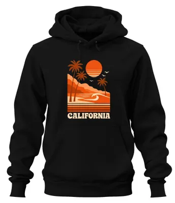 Immagine prodotto di Felpa con cappuccio, stile retrò, con stampa "Palmen California", "Tramonto" e "Surf", per uomo, colore nero, taglia S