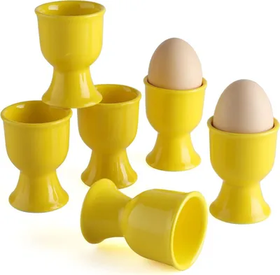 Produktbild von Ostern Eierbecher aus Keramik, 6 Stück, Eierständer aus Porzellan, für weiche, hartgekochte Eier zum Frühstück, Gelb, 7cm, Keramik, 6