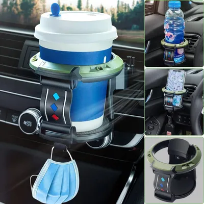 Obrázek produktu pro Držák na nápoje do auta, určený pro montáž do ventilace, s háčkem, pro nápoje o průměru až 7,5 cm, barva: černá a armádní zelená