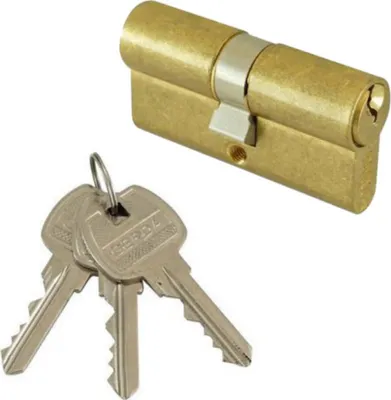 A brass lock cylinder and three silver keys are shown against a white background.