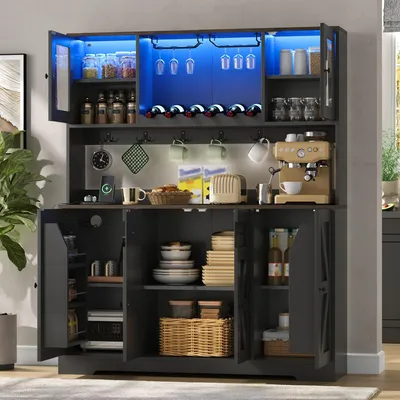 Productafbeelding van Keukenkast met deuren, voorraadkast met LED-verlichting en stopcontacten, met wijnrekken en wijnglazenhouders, 140x40x173 cm, zwart