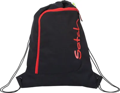 A black drawstring bag with red accents and the brand name "satch" printed in red.