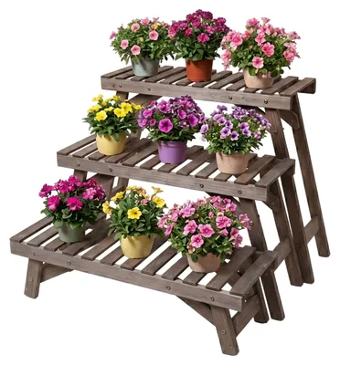 Produktbild von Relaxdays Blumenständer, 3-tlg. Set, Höhe: 19,5 / 33 /49 cm, Tannenholz, indoor & outdoor, Pflanzenständer, braun