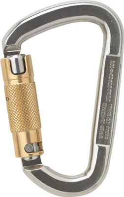 Asymm 2WegeAutolock Karabiner von Austri Alpin; silberner Metallkörper mit goldener Sicherung.