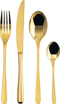 A set of gold-colored cutlery, including a fork, knife, and two spoons, is arranged on a white background.