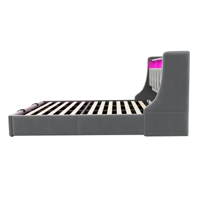 Immagine prodotto di okwish Letto imbottito 180 x 200 con contenitore, Struttura letto idraulica con illuminazione a LED, Letto in legno a scomparsa, Letto matrimoniale con presa e testata, Grigio