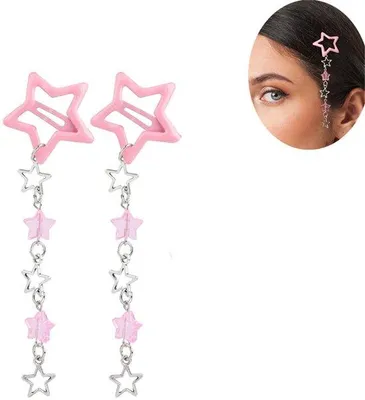 Produktbild von 2 Stück - Haarspangen - mit Sternschlössern - für Frauen - antislip - Y2k-Druckknöpfe - schickes Hänge - mit Stern und Perlen - für Frisuren - rosa