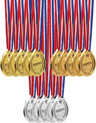 Imagen del producto de Medallas deportivas doradas, plateadas y de bronce, 15 unidades, con cintas de colores rojo, blanco y azul, para competiciones