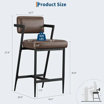 Obrázek produktu pro Sada čtyř barových stoliček – kuchyňské barové židle – výška sedáku 69 cm – polstrované sedadlo s opěradlem – s područkami a podnožkou – silné polstrování – kovová konstrukce, barva hnědá