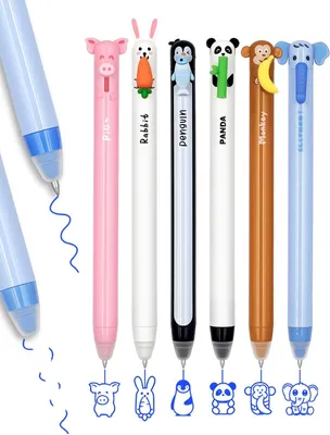Produktbild von Radierbare Kugelschreiber – Set mit 6 Stück – Radierbare Gelstifte mit niedlichen Tiermotiven – Affe, Panda, Elefant, Pinguin