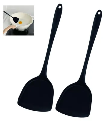 Productafbeelding van 2 x 32 cm siliconen wokspatel | Anti-aanbaklaag, hittebestendig, zwart