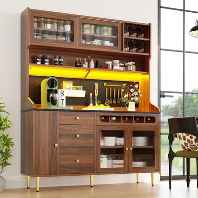 Produktbild von Hochschrank 145x39x171cm – Küchenschrank & Esszimmerschrank mit LED, verstellbaren Einlegeböden & Weinregal, hoher Vorratsschrank, Walnuss