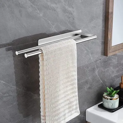 Obrázok produktu pre Uniqoos® Držiak na uteráky – dvojitý, samolepiaci, bez nutnosti vŕtania, z nehrdzavejúcej ocele 304, brúsený povrch, 39 cm, strieborný, na montáž na stenu, vhodný do kúpeľne a kuchyne