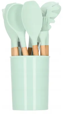 Image de Set cuisine 12 pièces silicone bambou vert menthe design moderne cadeau cuisine cuisson maison