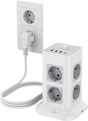 Zdjęcie produktu dla Listwa zasilająca - 8 gniazd, w tym 3 porty USB-A i 1 port USB-C - Przedłużacz 3 m - Zabezpieczenie przed przepięciami