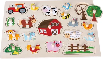A wooden peg puzzle featuring various farm animals and objects on a light-colored wooden board.