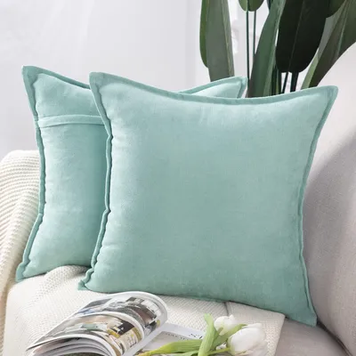 Produktbild von Set mit 2 dekorativen Chenille-Kissenbezügen, weiche Zierkissenbezüge für Sofa und Schlafzimmer, hellblaugrün, quadratisch, 55 x 55 cm