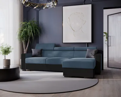 Produktbild von GOLDSTOFF DIWIA Ecksofa 202 x 130 cm mit Schlaffunktion & Bettkasten – Schlafsofa L-Form mit Kopfstützen Stauraum (dunkelblau+schwarz)