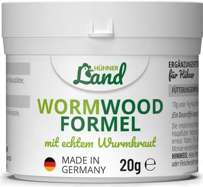 Produktbild von HÜHNER Land Wormwood Formel 20g Pulver – für Hühner & Geflügel, mit echtem Wurmkraut (Artemisia Absinthium) in rezepturbasierter Pflanzenformel, geeignet für Hühner
