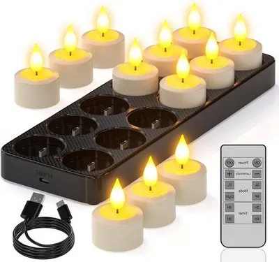 Obrázek produktu pro Elektrické svíčky s časovačem a nabíjecí stanicí – 12 blikajících LED svíček – dálkové ovládání s časovačem – dekorace do obývacího pokoje na Halloween a Vánoce, stolní sváteční dekorace