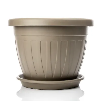 Produktbild von BigDean 50cm Blumentopf mit Untersetzer rund Mocca - wetterfester Pflanzkübel - Wasserablauf UV-beständig aus bruchsicherem Kunststoff - Innen + Außen