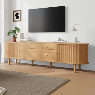 Produktbild von MODFU TV Schrank mit 4 Schubladen, Modernes TV Lowboard mit 3D Wellenfront und Schiebetüren, Fernsehtisch mit großem Stauraum und Holzfüßen,Natur