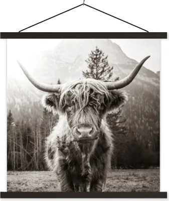 Produktbild von MuchoWow® Textilposter Schottisches Hochlandrind - Tiere - Schwarz - Weiß 120x120 cm mit schwarzem Rahmen - Aufhängungsset