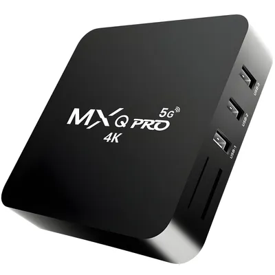 A black Android TV box with text and ports visible.