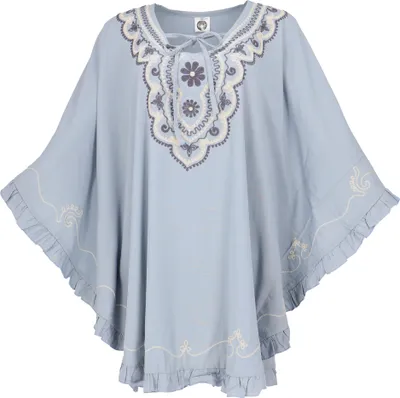 Produktbild von Bestickter Hippie Poncho, Tunika, Kaftan, Strandkleid, Maxi Größe - Taubengrau, Damen, Viskose, Blusen & Tunikas