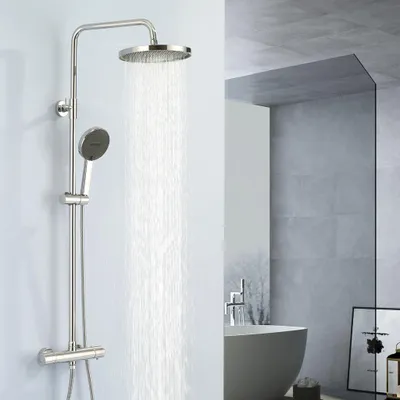 Obrázek produktu pro Homelody Sprchový systém s termostatem, dešťová sprcha, kulatá sprchová trubka, sprchová baterie 38℃, 3 typy proudu, ruční sprcha