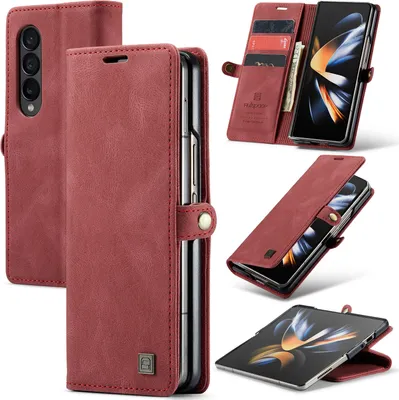 Produktbild von Samsung Z Fold4 Brieftasche Hülle, Retro Kunstledertasche Stand Schutzhülle für Samsung Galaxy Z Fold 4 5G Rot
