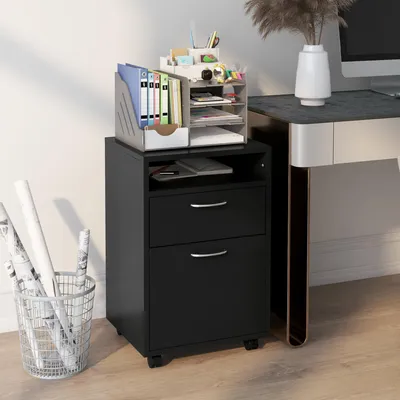 Produktbild von Rollcontainer mit Schublade & Schrank, Bürocontainer auf Rollen, Spanplatte, Schwarz | 40 x 35 x 60 cm | 12,5 kg | 4 Rollen mit Bremse