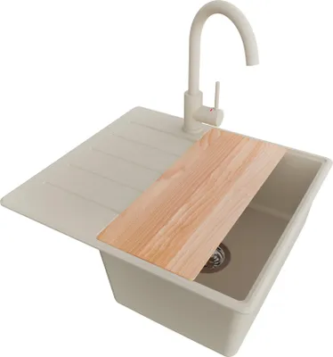 Produktbild von PRIMAGRAN Granitspüle Beige 55x50cm, Spülbecken 1 Becken + Küchenarmatur 32x20cm + Ablauf-Set + Schneidebrett, Küchenspüle ab 40er Unterschrank - Kopenhagen