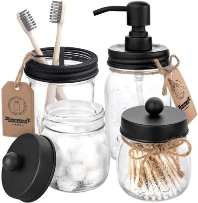 Produktbild von Badezimmer Zubehör Set 4-teilig, Seifenspender und Apothekergläser, schwarz, für Badezimmer