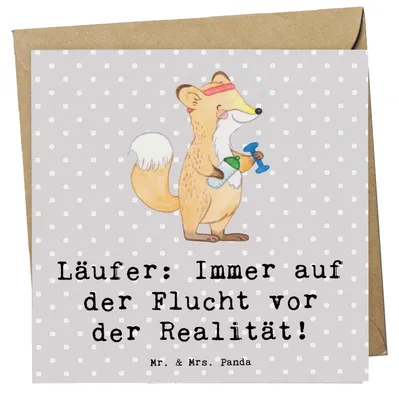 Produktbild von Mr. & Mrs. Panda Glückwunschkarte Laufen Realitätsflucht - Grau Pastell - Geschenk, Teamsport, Grußkarte, Klappkarte, faltkarte, anlasskarte, Sportler, Sport, mrs, Flucht