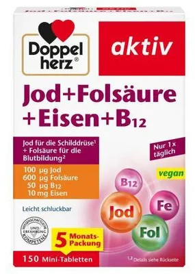 Zdjęcie produktu dla Double Heart Jod+Kwas foliowy+Żelazo+B12 Tabletki 150 kapsułek