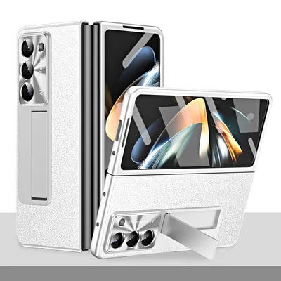 Obrázek produktu pro Pouzdro pro Samsung Galaxy Z Fold 5 Tvrdé PC pouzdro s litchi texturou, stojánkem, ochranou displeje a čočky Stříbro
