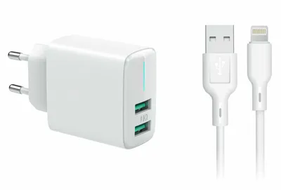 Produktbild von Ladegerät mit Kabel für Schnellladung, USB Typ-A & Lightning, 2 Ausgänge, Weiß