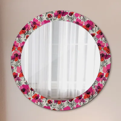 Produktbild von Wohnzimmer Spiegel - Mirror zum Wandspiegel Schlafzimmer – Schminkspiegel - Rosig Mohnblumen - Rund: Ø70cm
