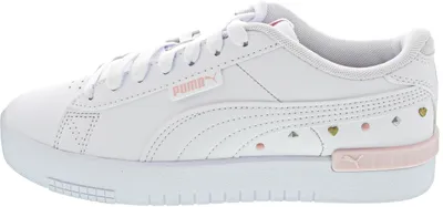 A side view of a white Puma sneaker with pink and gold accents.