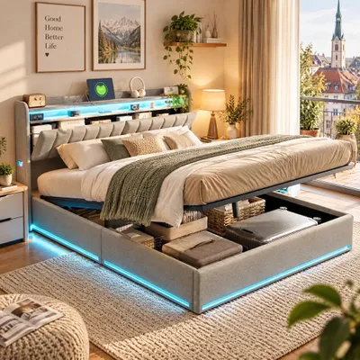 Produktbild von Polsterbett 160x200cm mit Bettkasten,LED Doppelbett mit Stauraum-Kopfteil und USB,Boxspringbett mit Lattenrost, Samt, Grau(ohne Matratze)